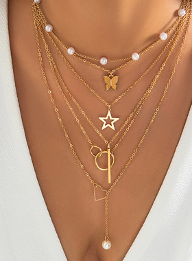 欧美跨境蝴蝶流苏吊坠仿珍珠项链