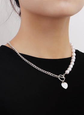 欧美跨境饰品拼接链条仿珍珠颈链
