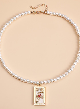 欧美ins时尚唯美高亮仿珍珠项链 合金镶钻矩形塔罗牌吊坠毛衣链女