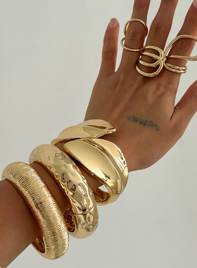 欧美bracelet跨境夸张叶子光面手镯 个性不规则条纹开口手环饰品