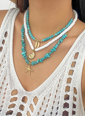 欧美跨境海洋风贝壳松石多层项链