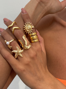 欧美跨境复古设计感太阳花海星手饰品 个性不规则合金开口戒指女