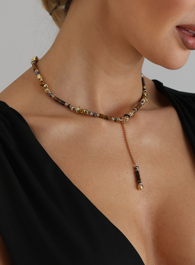 欧美跨境饰品虎眼石串珠项链复古