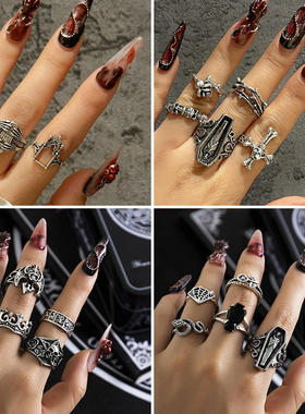 欧美跨境暗黑朋克复古关节戒套装指环 嘻哈雕花蝙蝠情侣戒指饰品