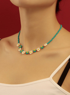 欧美跨境饰品文艺复古时尚彩色米珠手工串珠颈链项饰甜美时尚项链