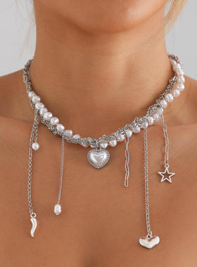 欧美跨境饰品多层心形流苏珍珠