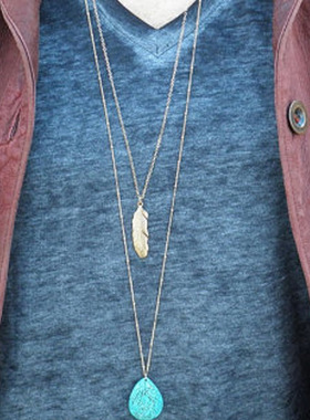 欧美跨境新品项链 套索绿松石珠大树叶 百搭女士多层项链嘻哈小众