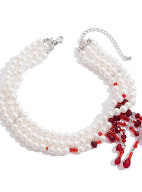 欧美万圣节滴血流苏珍珠水晶项链潮款甜酷小众街头爱心多层锁骨链