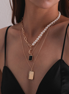 欧美跨境饰品时尚多层珍珠宝石月