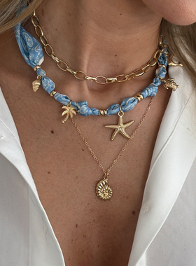 欧美跨境海洋风海星海螺叠戴锁骨