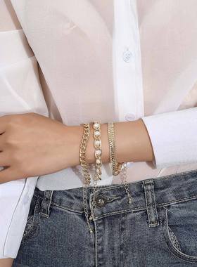 欧美跨境饰品 时尚珍珠粗合金锁链手链三件套 朋克复古手环手饰女