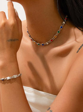 欧美跨境小众彩色水钻拼接项链女