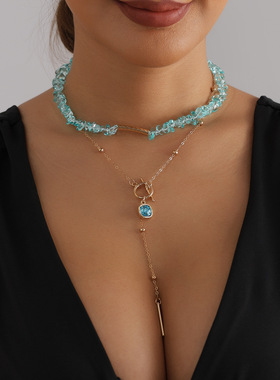 欧美跨境饰品小众设计蓝水晶碎石