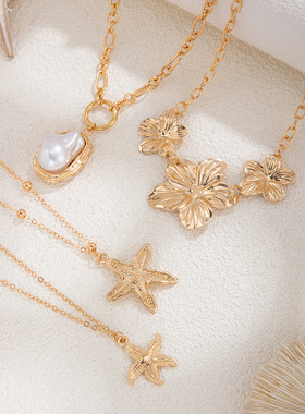 欧美跨境necklace叠戴花朵海星