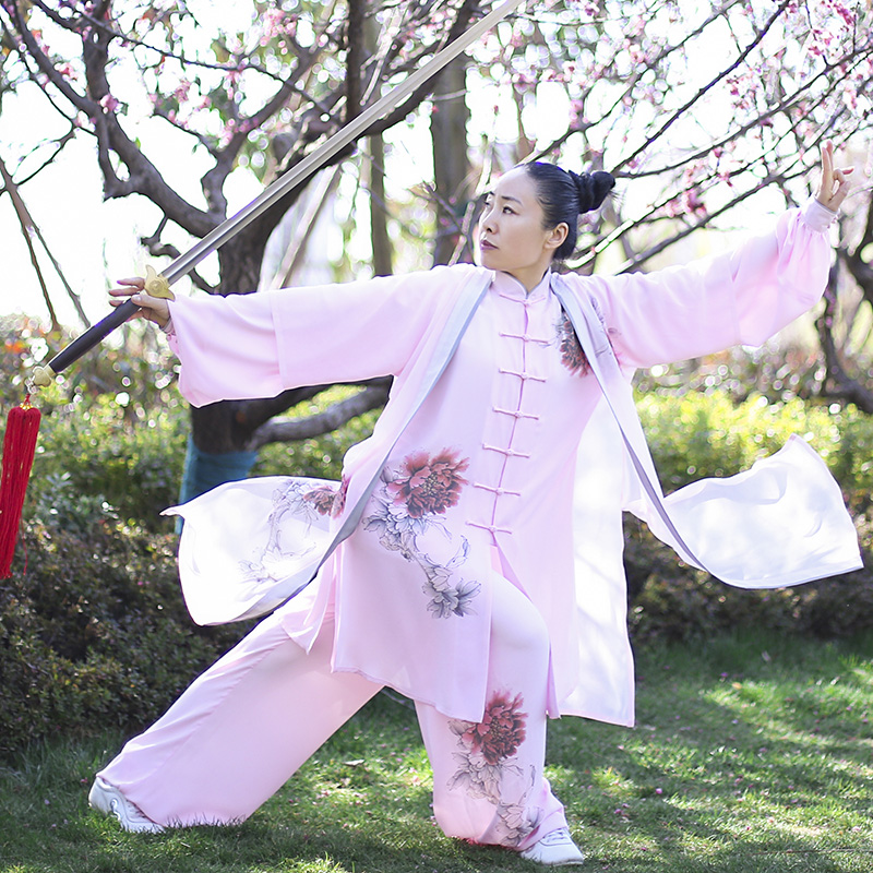 马蕾新款春夏丝麻太极拳服表演服太极服加长版飘逸彩绘款粉妆 - 图1