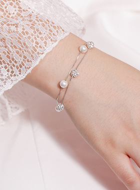 s925纯银圆珠贝珠手链女韩版水晶之恋手环百搭小清新锆石盒子手链