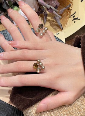金色珍珠方糖开口戒指女轻奢高级