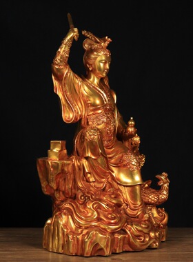 黄铜九天玄女娘娘神像摆件圣母站孔雀台执剑坐像家居供奉装饰摆件