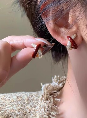 韩国ins风红色交叉925银针耳钉