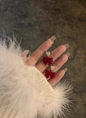 【蜜桃茶】红色丝绒蝴蝶结耳环女