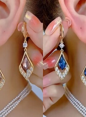 蓝色菱形耳扣耳环女小众耳钉新