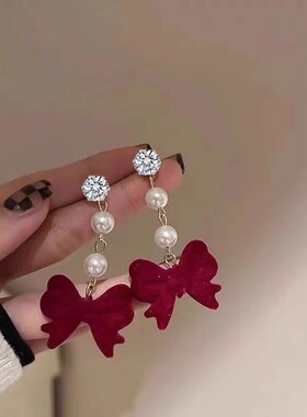 银针秋冬红色丝绒女珍珠蝴蝶结