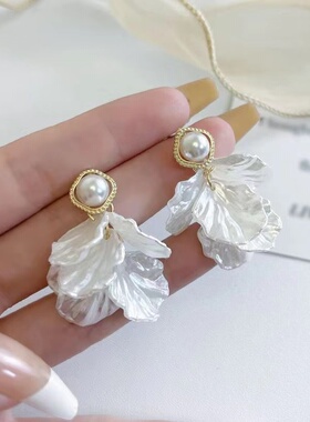s925银针白色花瓣流苏耳钉女耳饰