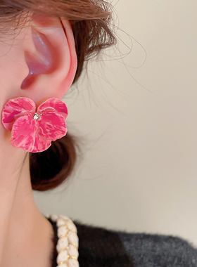 闪钻红色花朵耳钉女高级感