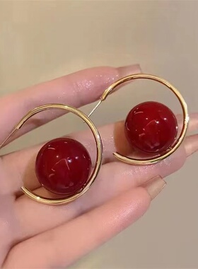 红色大珍珠耳钉女耳环小众设计