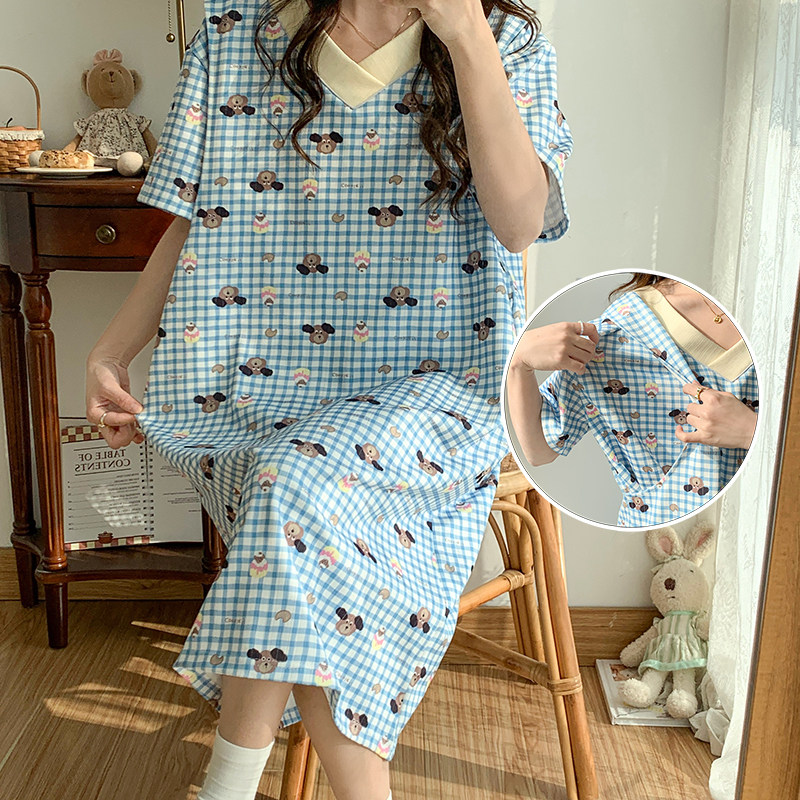 孕妇短袖哺乳睡裙夏季特大码莫代尔月子服8产妇待产裙5月份6喂奶7,淘宝优惠券,粉丝福利购,淘宝优惠卷