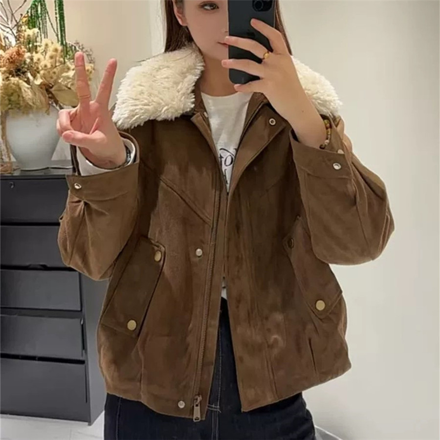 复古羊羔毛领麂皮绒加厚夹克外套女冬季新款宽松休闲保暖棉服上衣 - 图3