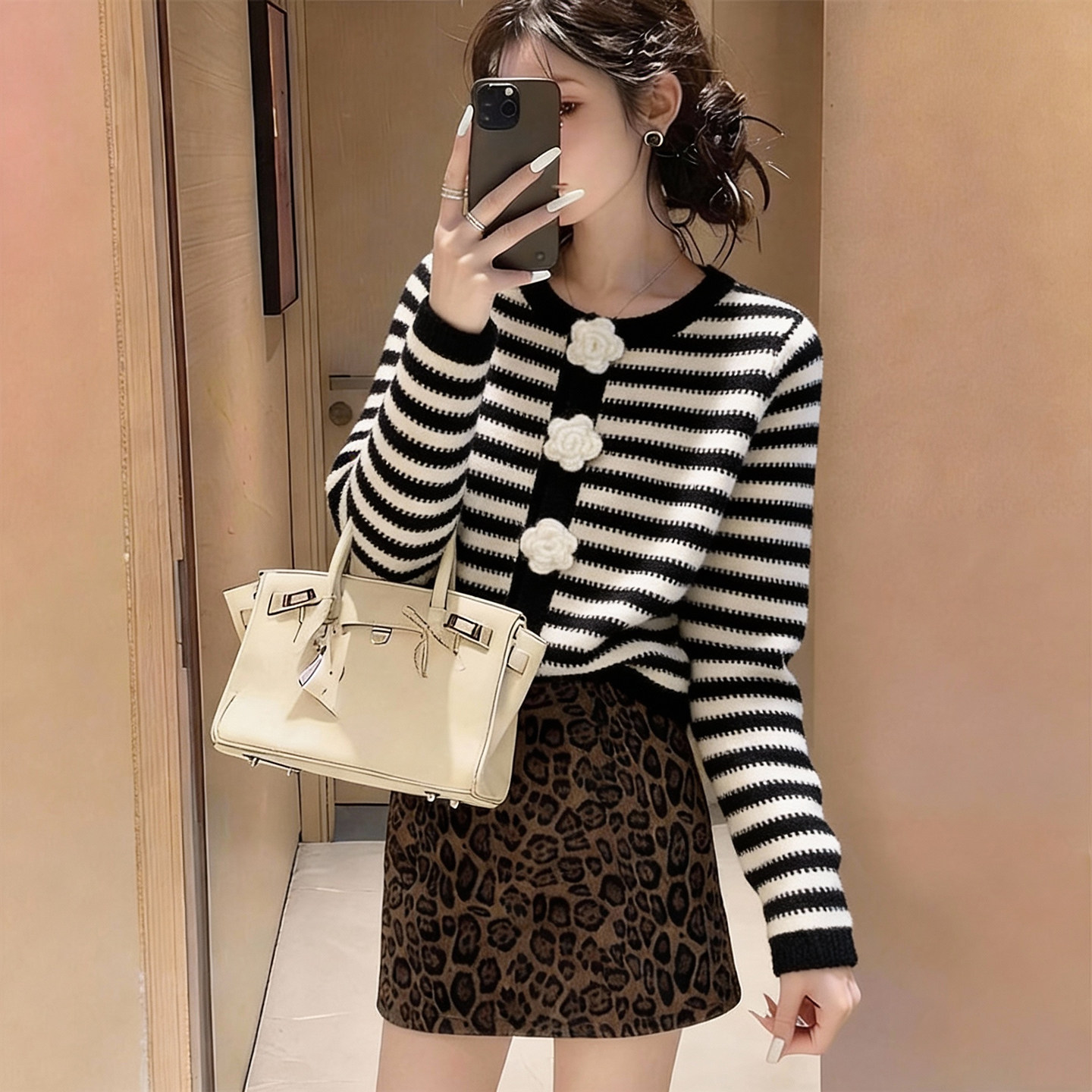 拉夏贝尔Puella高级感手工钩花条纹针织开衫女小香风毛衣外套上衣,淘宝优惠券,粉丝福利购,淘宝优惠卷