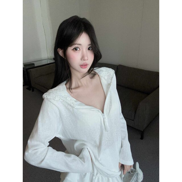 蕾丝边连帽长袖T恤女春夏防晒