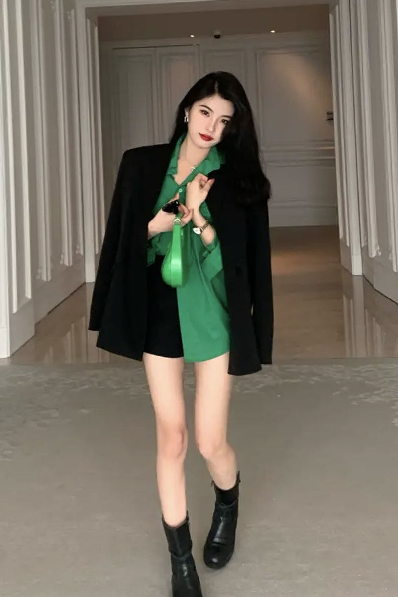 2025春装新款男友风绿色宽松防晒衬衫上衣+黑色西装外套女两件套,淘宝优惠券,粉丝福利购,淘宝优惠卷