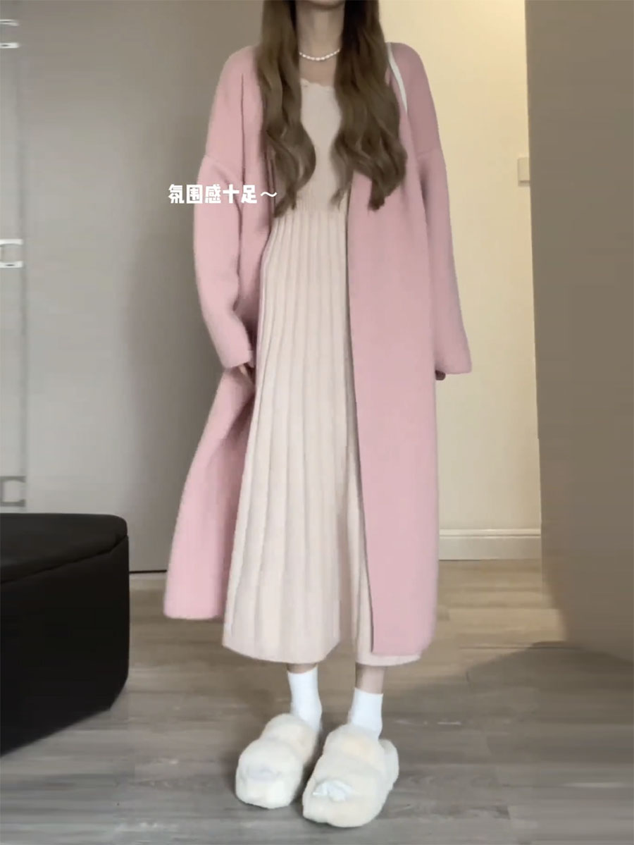 温柔风氛围感长袖收腰针织连衣裙女秋冬季新款修身内搭打底长裙子 - 图1