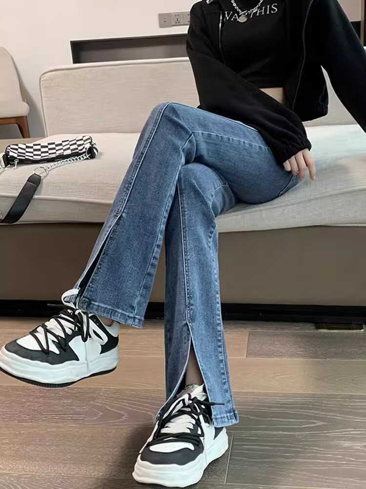 150cm小个子开叉微喇牛仔裤女春秋高腰穿搭修身喇叭裤145显高裤子 - 图0