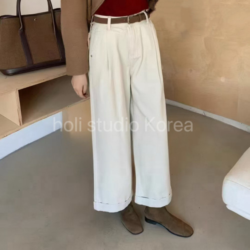 现～sale 249韩国东大门代购冬季新款加绒捏褶翻边直筒裤时尚百搭 - 图1