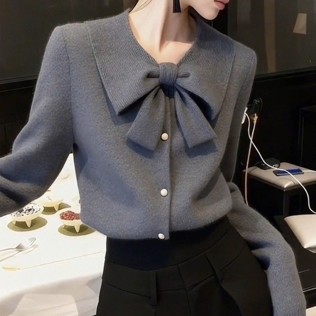 灰色蝴蝶结针织衫女2025冬季小众不撞款独特漂亮轻熟气质内搭毛衣 - 图3
