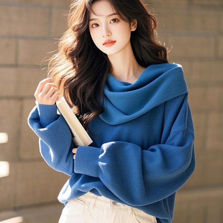 专柜撤回蓝色堆堆领套头卫衣小个子韩系慵懒风时尚洋气高级感上衣 - 图3