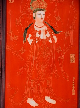独特收藏老件木框红底金丝珐琅彩瓷板画合掌观音菩萨唐卡壁挂挂板