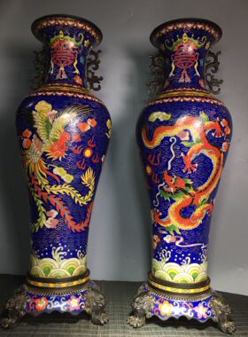 独特收藏纯铜厚胎景泰蓝蓝色掐丝珐琅彩龙凤呈祥大花瓶摆件一对