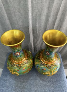 独特收藏景泰蓝绿色掐丝珐琅高53*30厘米精工浮雕龙凤花瓶一对