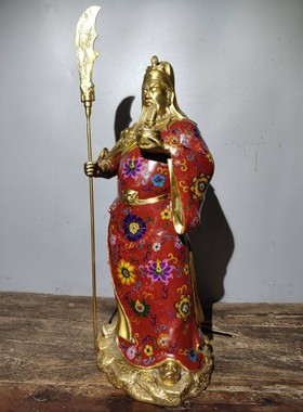 独特收藏景泰蓝红色掐丝珐琅威武奋勇持刀关公财神大摆件11千克