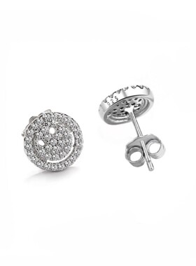 Smile Iced Earring 纯银笑脸耳钉 微镶满闪钻男女情人节礼物嘻哈