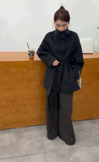 2025 winter new style double-sided wool coat with stand-up collar, Korean style A-type strappy skirt, woolen coat short for women