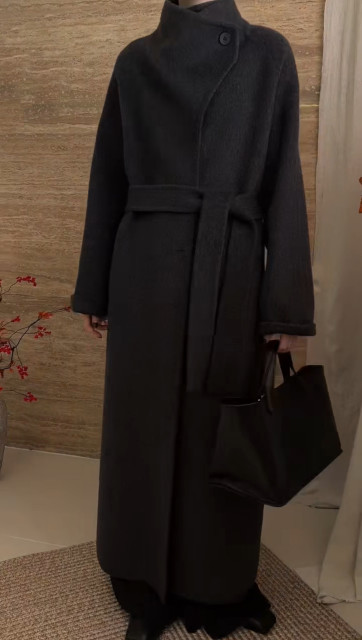 2025年冬季新款时尚立领双面羊毛大衣女长款系带收腰显瘦羊毛外套