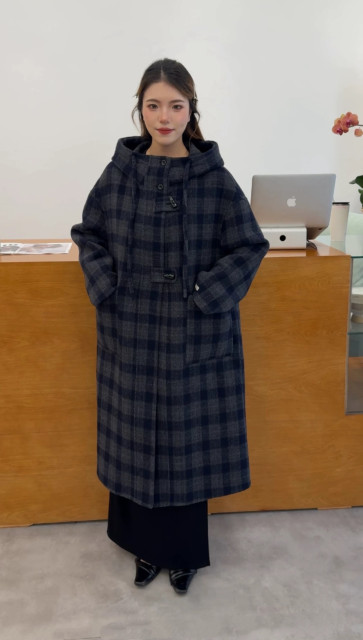 2025 autumn new hooded plaid double-sided wool coat for women mid-length slim wool coat for women