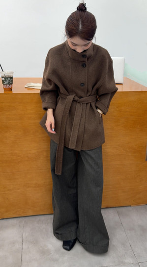 2025 winter new style double-sided wool coat with stand-up collar, Korean style A-type strappy skirt, woolen coat short for women