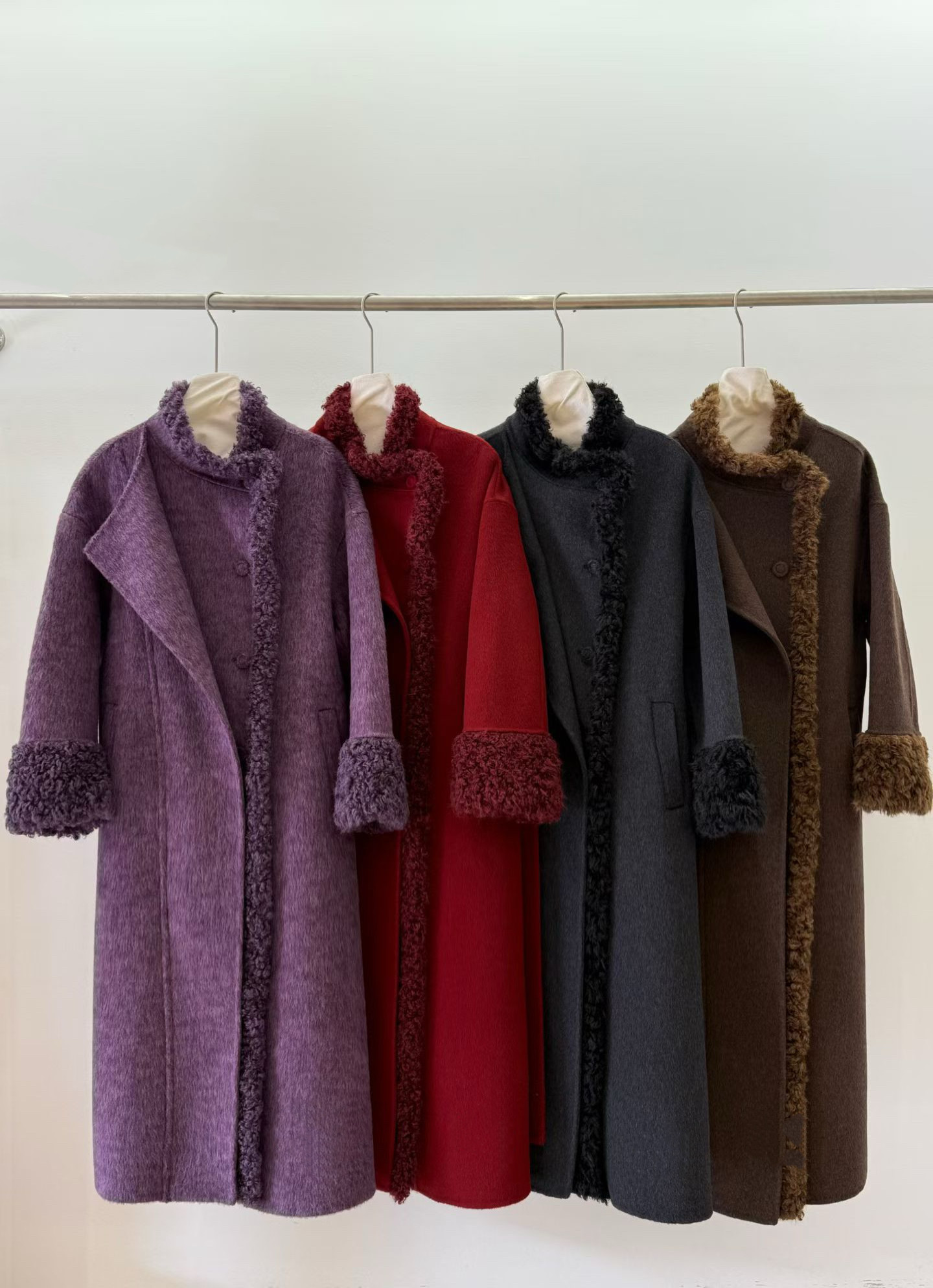 紫色袖口拼接双面羊毛大衣女2025冬季气质长款系带收腰毛呢外套女,淘宝优惠券,粉丝福利购,淘宝优惠卷