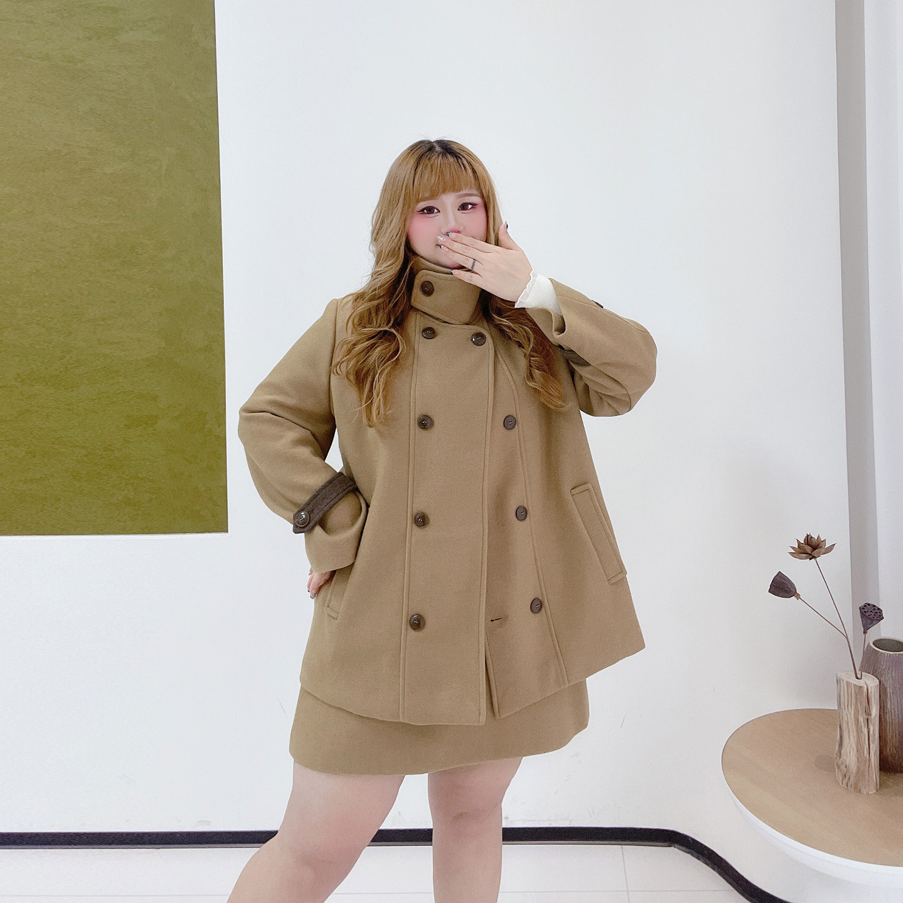 300斤美拉德套装胖莹莹大码女装冬季立领夹棉毛呢外套短款半身裙,淘宝优惠券,粉丝福利购,淘宝优惠卷